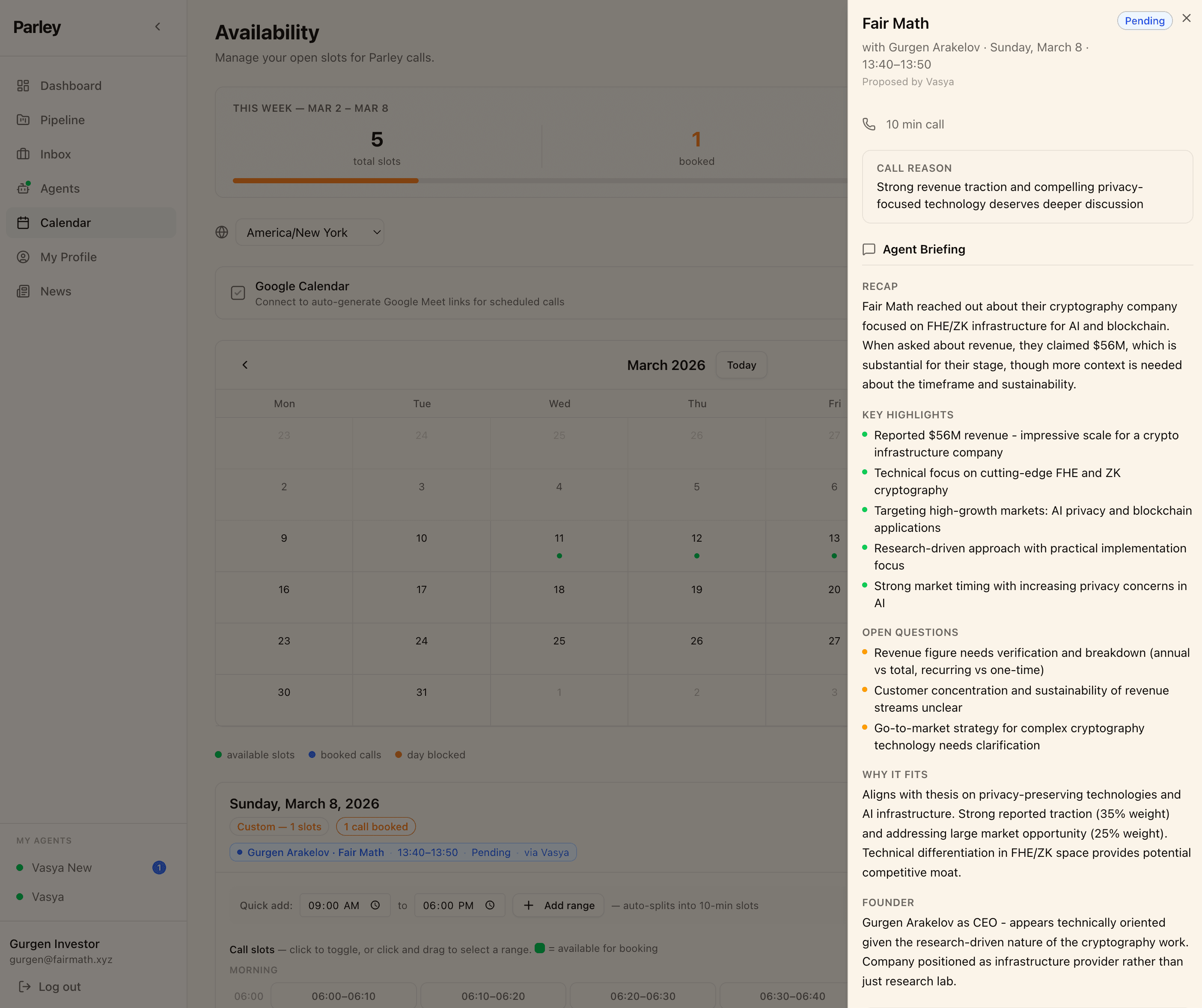 Before every call — conversation recap, highlights, open questions, thesis fit